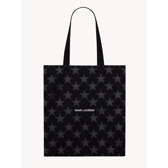 YSL Saint Laurent STARS BLACK TONE ON TONE Cotton Tote Bag Purse Brand NEW - Picture 1 of 3